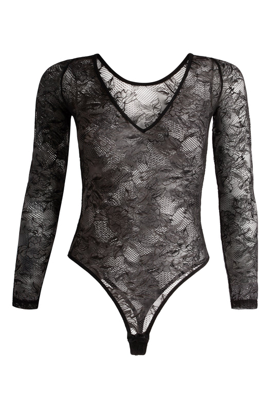 Lace-Up Bodysuit, Deep V neck Long sleeve