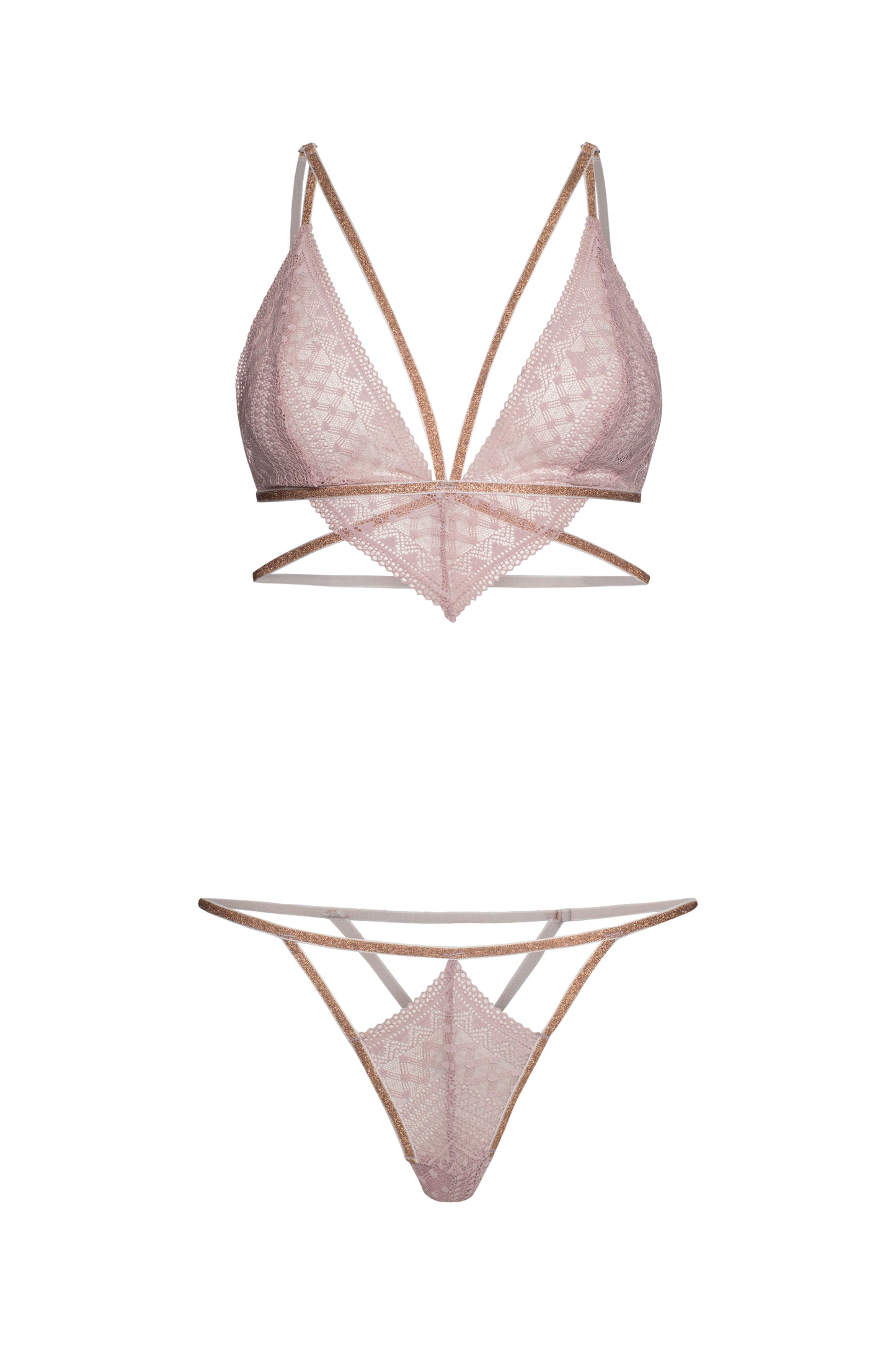 Sexy lingerie white lace contrast gold metallic straps underwear 2 pcs set