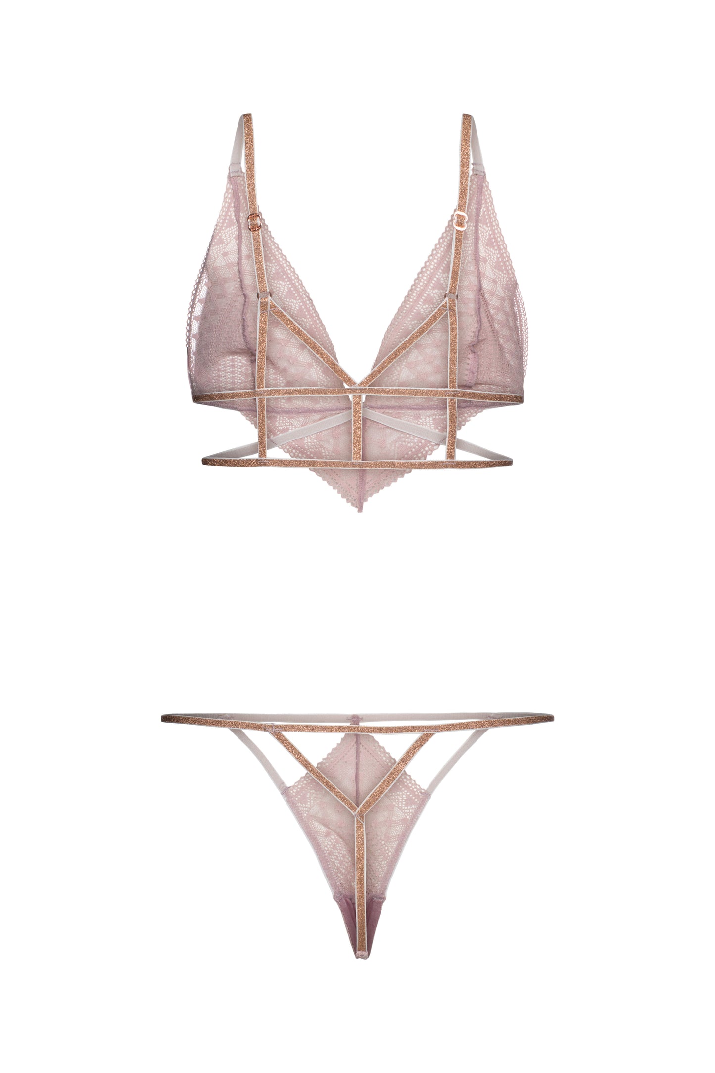 Sexy lingerie white lace contrast gold metallic straps underwear 2 pcs set