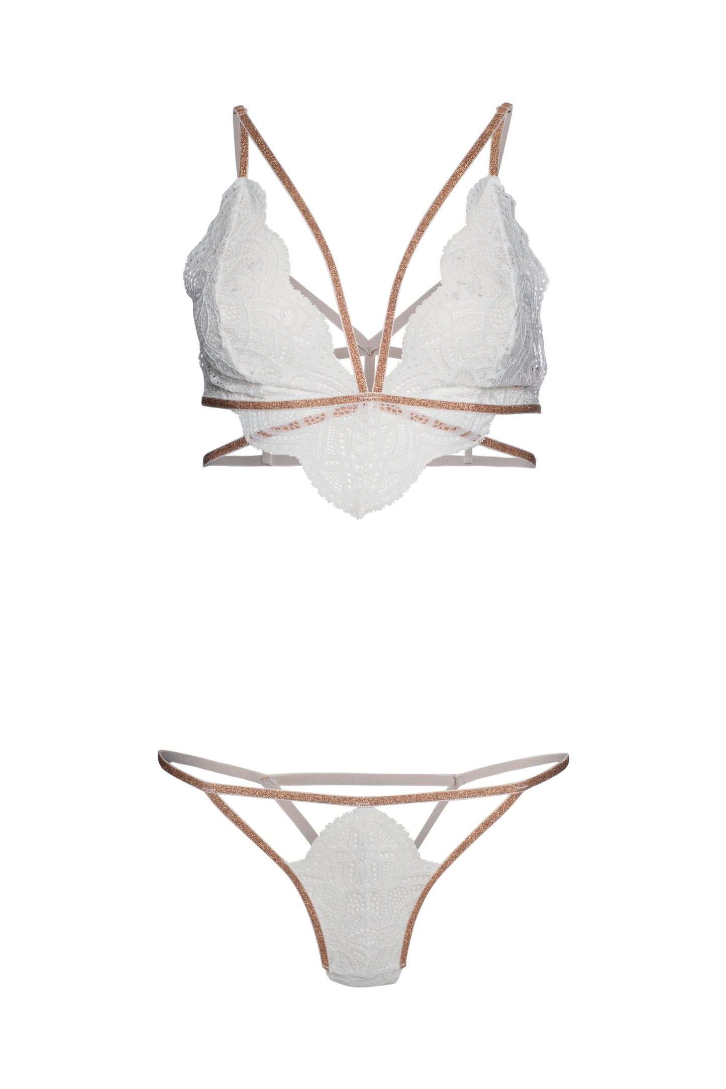 Sexy lingerie white lace contrast gold metallic straps underwear 2 pcs set