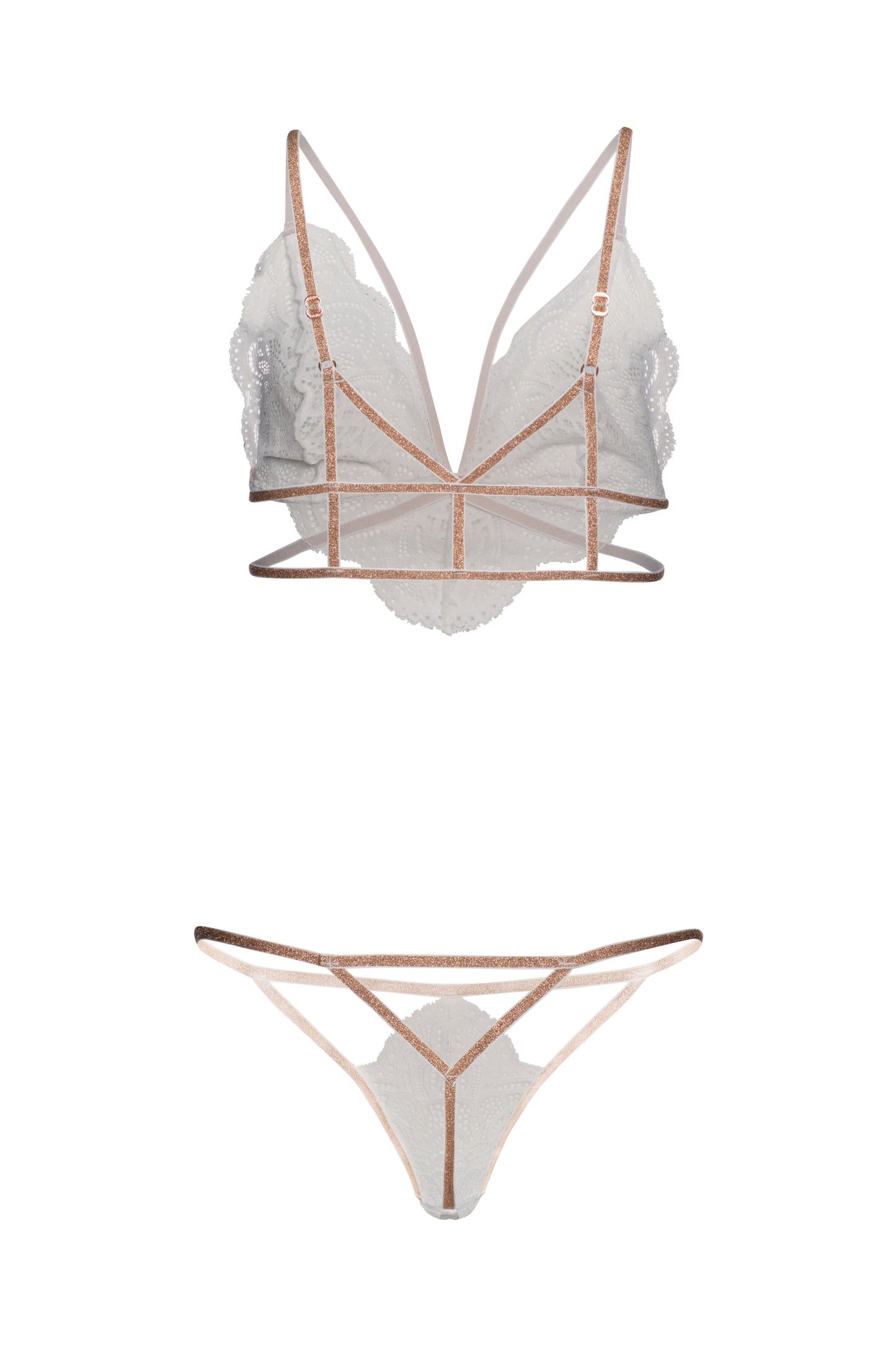 Sexy lingerie white lace contrast gold metallic straps underwear 2 pcs set