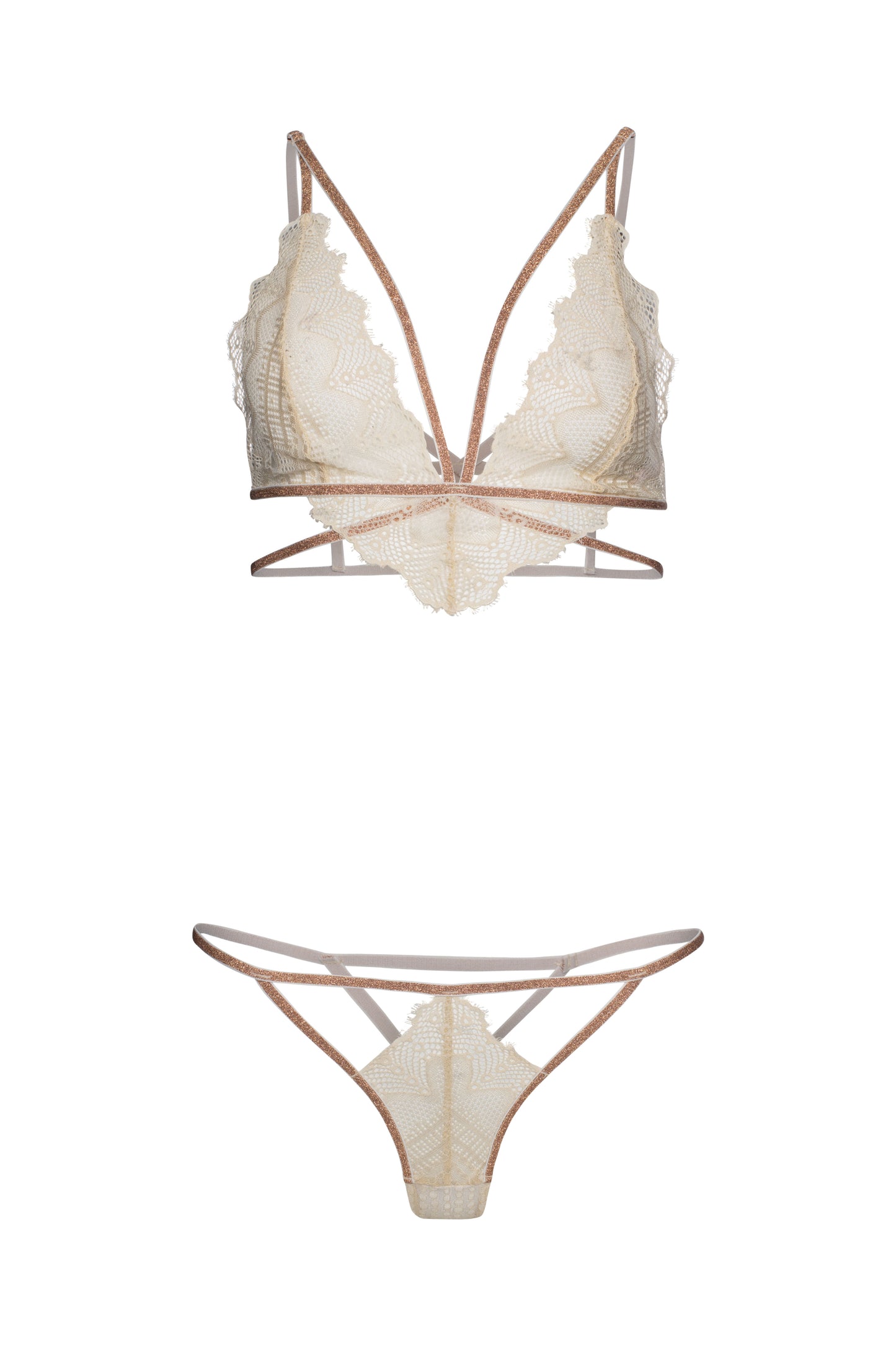Sexy lingerie white lace contrast gold metallic straps underwear 2 pcs set