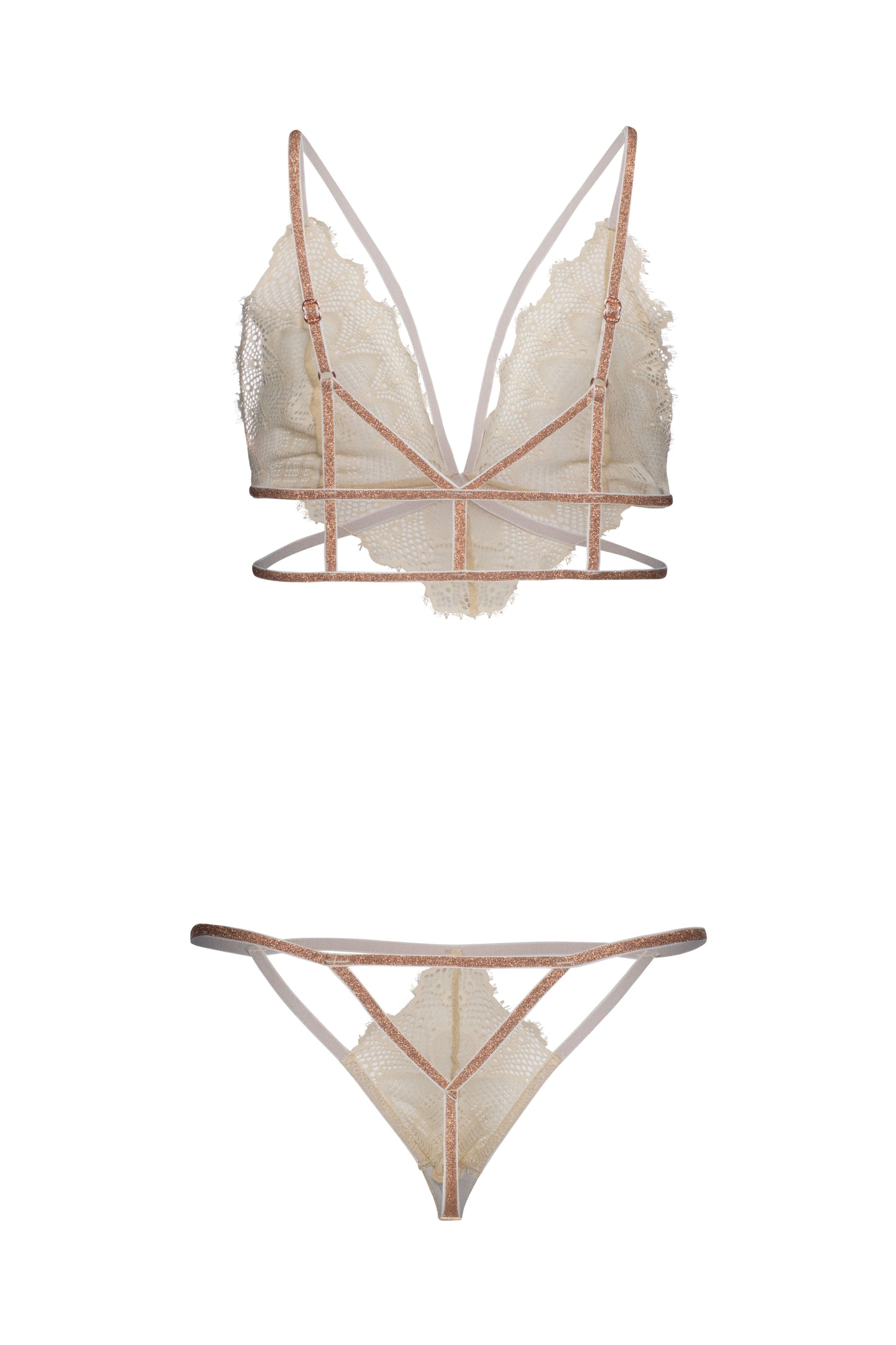 Sexy lingerie white lace contrast gold metallic straps underwear 2 pcs set